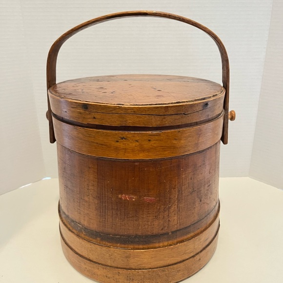 Antique Early American Sugar Bucket w/ Lid Swing handle c. 1840’s Wooden